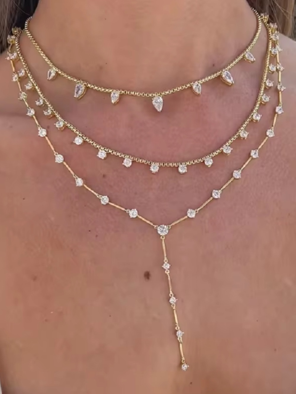Gold Layered CZ Teardrop & Station Y-Necklace - Gold